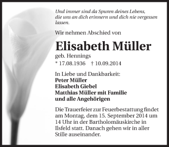Traueranzeige von Elisabeth Müller 
