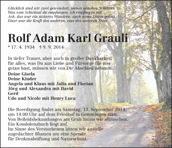 Traueranzeige von Rolf Adam Karl Grauli 