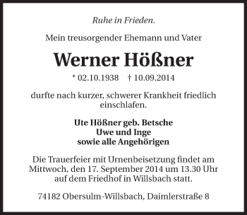 Traueranzeige von Werner Hößner 