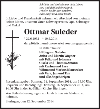 Traueranzeige von Ottmar Suleder 