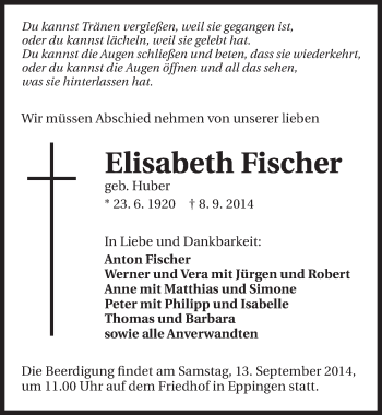 Traueranzeige von Elisabeth Fischer 