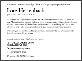 Traueranzeige von Lore Hettenbach 