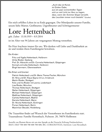 Traueranzeige von Lore Hettenbach 