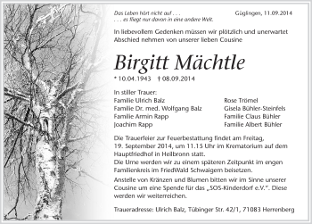 Traueranzeige von Birgitt Mächtle 
