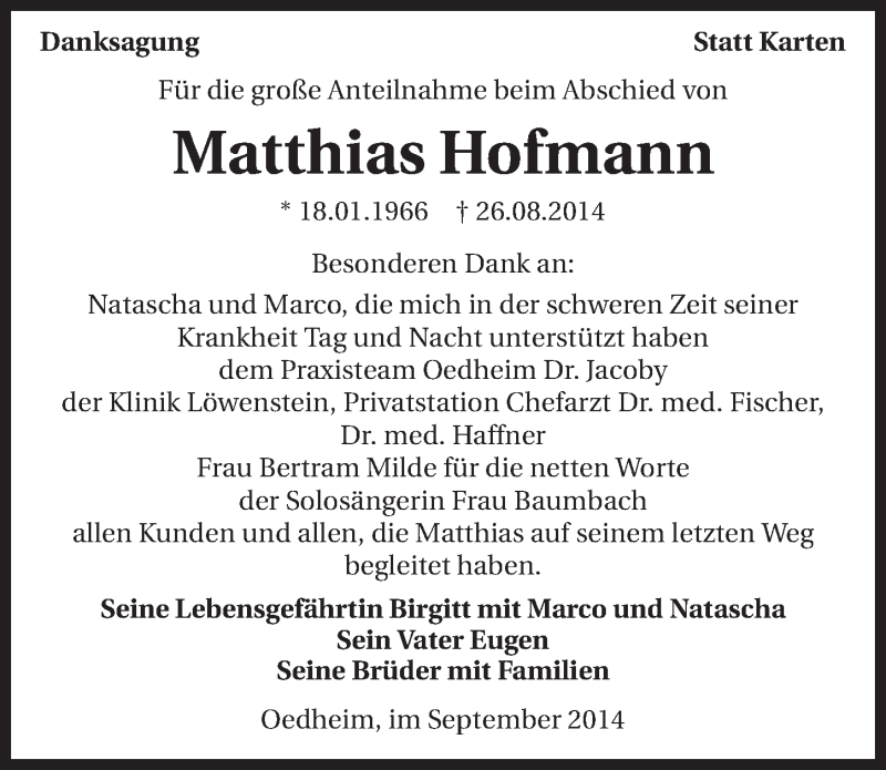  Traueranzeige für Matthias Hofmann vom 13.09.2014 aus 