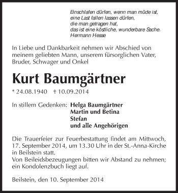 Traueranzeige von Kurt Baumgärtner 