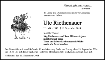 Traueranzeige von Ute Riethenauer 