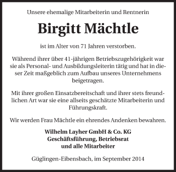 Traueranzeige von Birgitt Mächtle 
