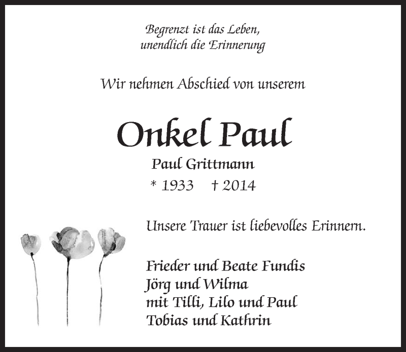  Traueranzeige für Paul Grittmann vom 15.09.2014 aus 