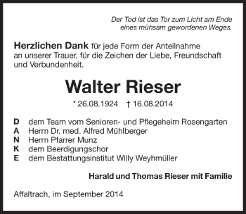 Traueranzeige von Walter Rieser 