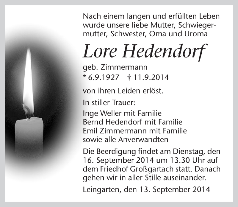  Traueranzeige für Lore Hedendorf vom 13.09.2014 aus 