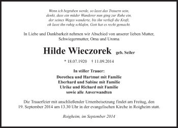 Traueranzeige von Hilde Wieczorek 