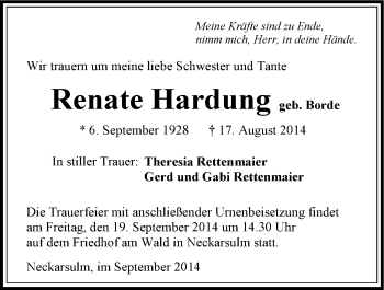Traueranzeige von Renate Hardung 