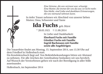 Traueranzeige von Ida Fuchs 