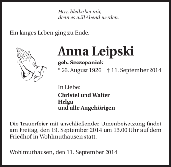Traueranzeige von Anna Leipski 