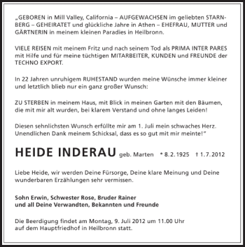 Traueranzeige von Heide Inderau 