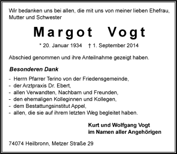 Traueranzeige von Margot Vogt 