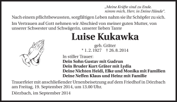 Traueranzeige von Luise Kukawka 