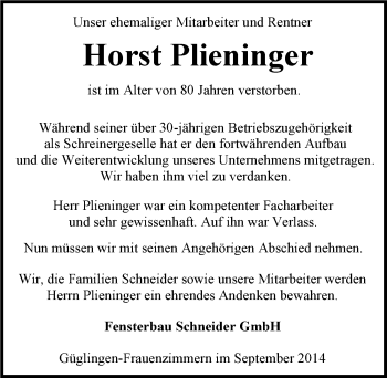 Traueranzeige von Horst Plieninger 