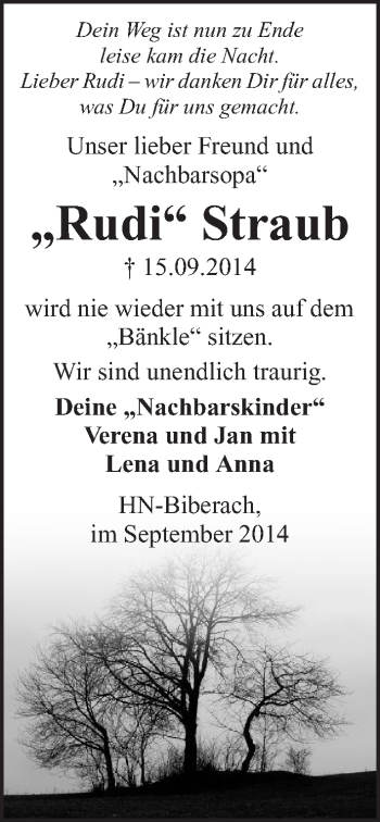 Traueranzeige von Rudi Straub 
