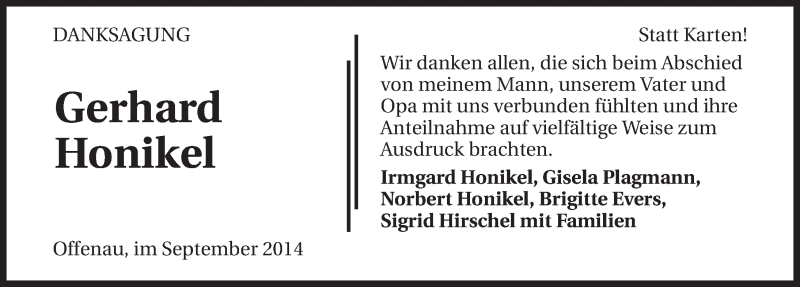  Traueranzeige für Gerhard Honikel vom 18.09.2014 aus 