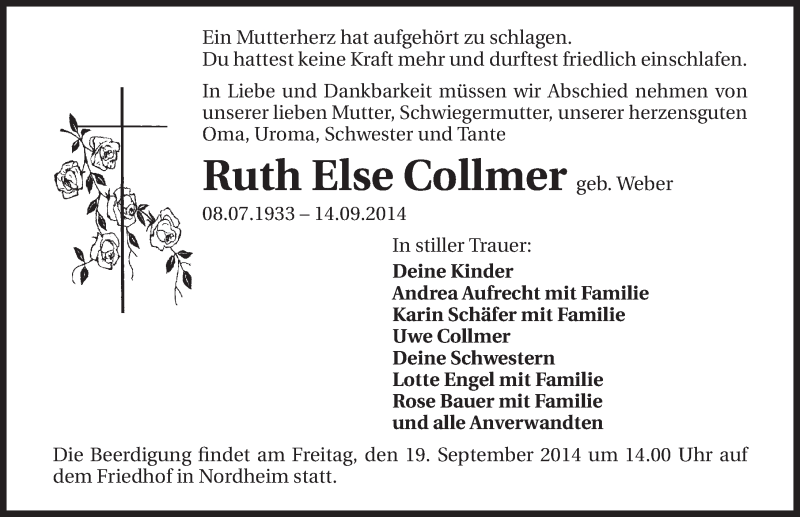  Traueranzeige für Ruth Else Collmer vom 17.09.2014 aus 