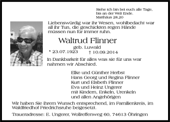 Traueranzeige von Waltrud Flinner 