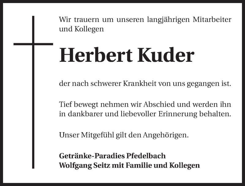  Traueranzeige für Herbert Kuder vom 17.09.2014 aus 