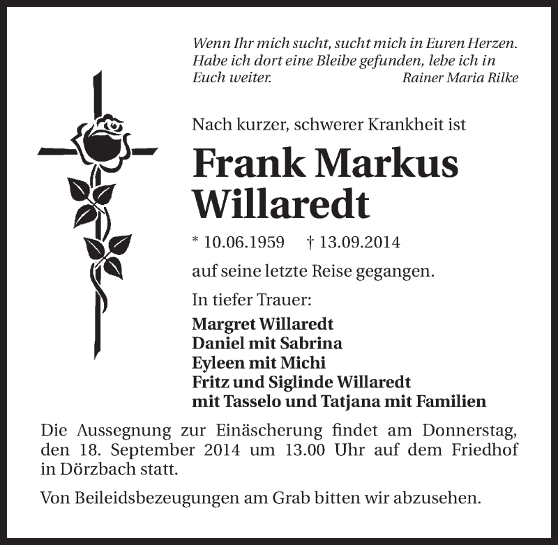  Traueranzeige für Frank Markus Willaredt vom 17.09.2014 aus 