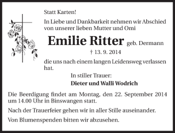 Traueranzeige von Emilie Ritter 
