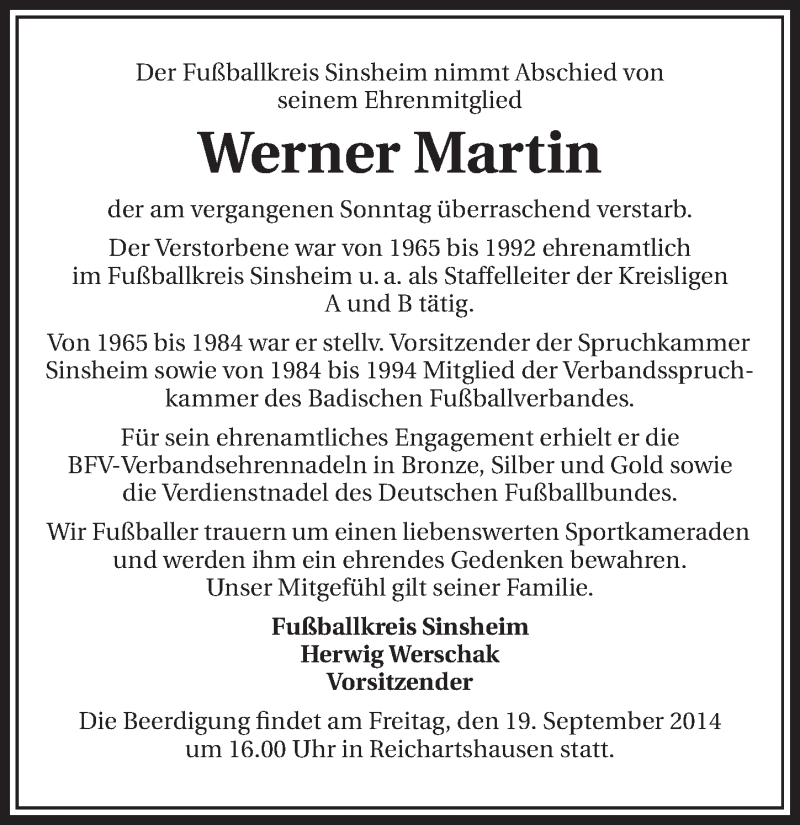  Traueranzeige für Martin  Werner vom 18.09.2014 aus 