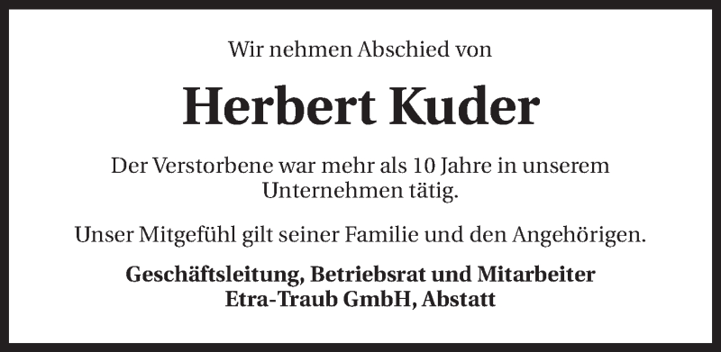  Traueranzeige für Herbert Kuder vom 18.09.2014 aus 
