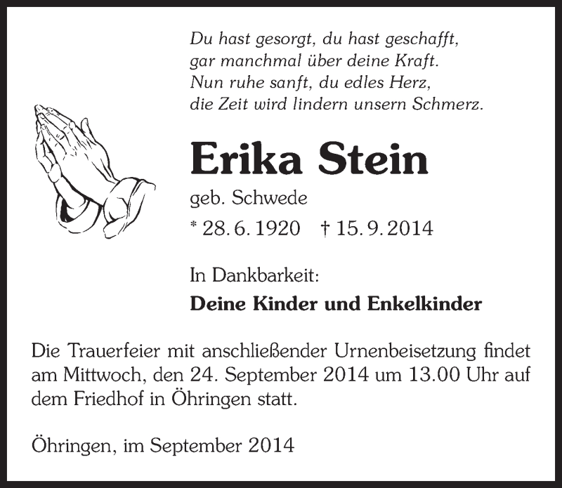  Traueranzeige für Erika Stein vom 20.09.2014 aus 