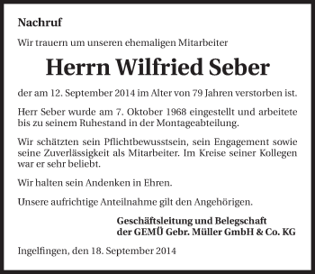 Traueranzeige von Wilfried Seber 