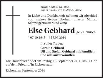 Traueranzeige von Else Gebhard 