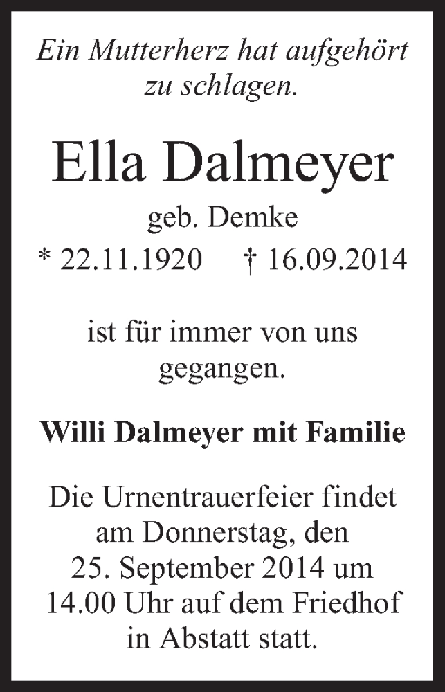  Traueranzeige für Ella Dalmeyer vom 23.09.2014 aus 