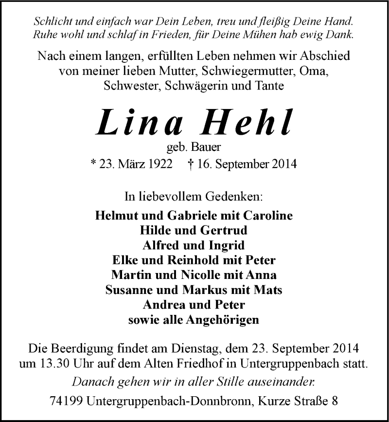  Traueranzeige für Lina Hehl vom 19.09.2014 aus 