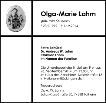 Traueranzeige von Olga-Marie Lahm 