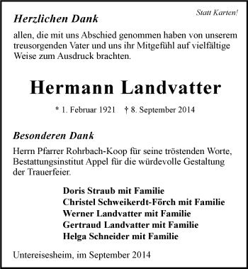 Traueranzeige von Ernst Landvatter 