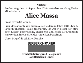 Traueranzeige von Alice Massa 