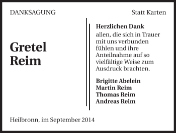 Traueranzeige von Gretel Reim 