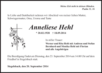 Traueranzeige von Anneliese Hehl 