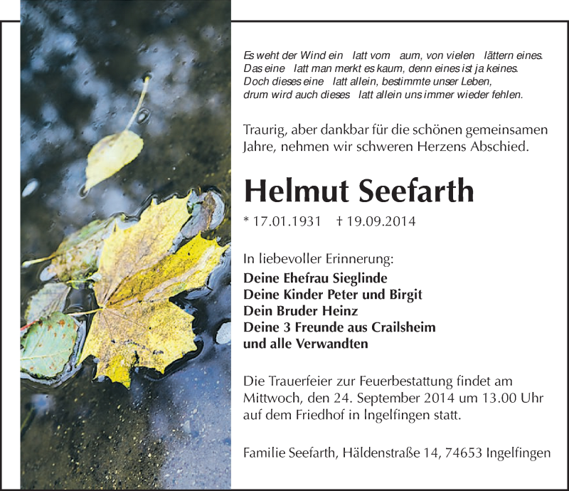  Traueranzeige für Helmut Seefarth vom 22.09.2014 aus 