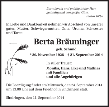 Traueranzeige von Berta Bräuninger 
