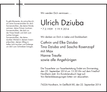 Traueranzeige von Ulrich Dziuba 