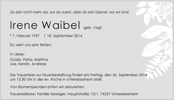 Traueranzeige von Irene Waibel 