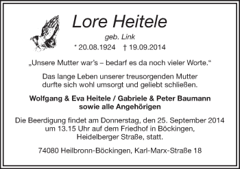 Traueranzeige von Lore Heitele 