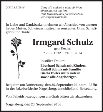 Traueranzeige von Irmgard Schulz 