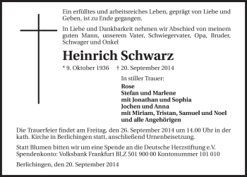 Traueranzeige von Heinrich Schwarz 