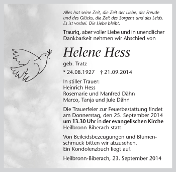 Traueranzeige von Helene Hess 